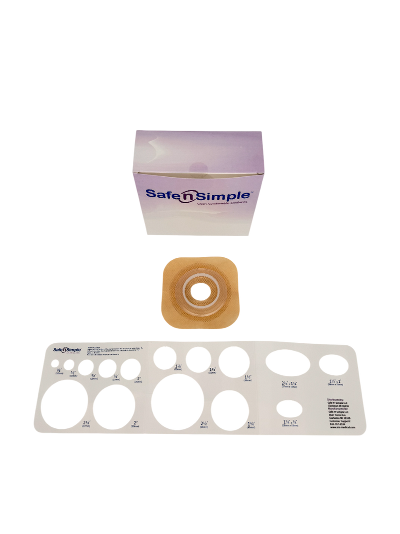 Safe N Simple 2-Piece Wafer Standard Wear with Tape Collar Beige 45mm 1 3/4" Flange with Pre Cut Stoma Opening (80 Count) Safe N Simple 2-Piece Wafer Standard Wear with Tape Collar Beige 45mm 1 3/4" Flange with Pre Cut Stoma Opening (80 Count)