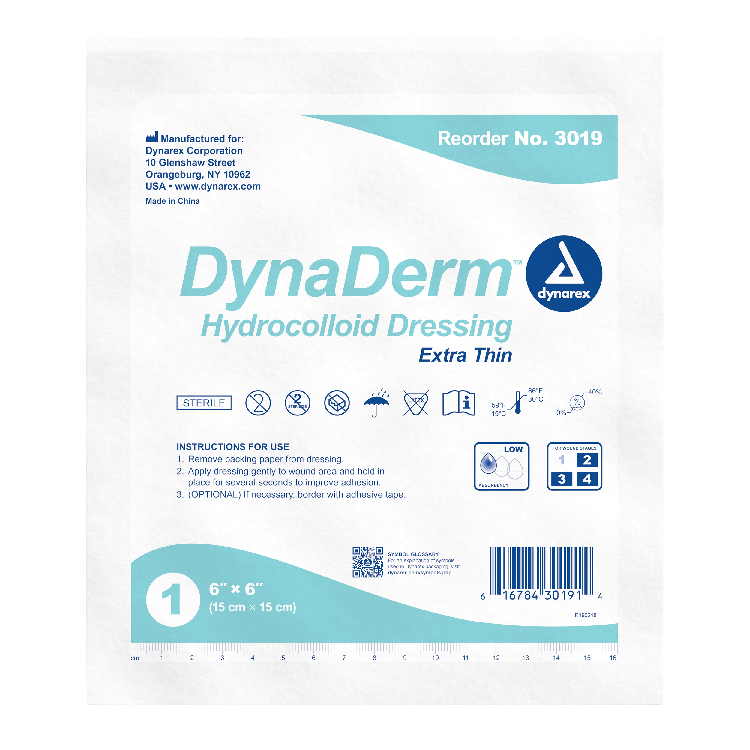 Dynarex DynaDerm - Hydrocolloid Dressing - Extra Thin, 6" x 6", 5ea/bx, 12bxs/cs (60 Count) Dynarex DynaDerm - Hydrocolloid Dressing - Extra Thin, 6" x 6", 5ea/bx, 12bxs/cs (60 Count)