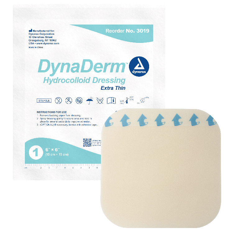 Dynarex DynaDerm - Hydrocolloid Dressing - Extra Thin, 6" x 6", 5ea/bx, 12bxs/cs (60 Count) Dynarex DynaDerm - Hydrocolloid Dressing - Extra Thin, 6" x 6", 5ea/bx, 12bxs/cs (60 Count)