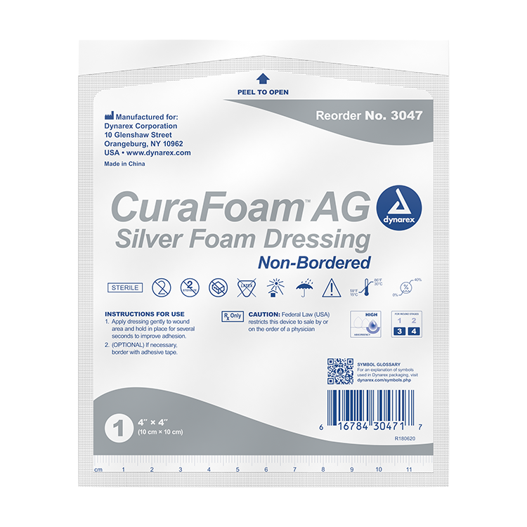 Dynarex CuraFoam AG - Silver Foam Dressing, 4" x 4" 10ea/bx, 10bxs/cs (100 Count) Dynarex CuraFoam AG - Silver Foam Dressing, 4" x 4" 10ea/bx, 10bxs/cs (100 Count)