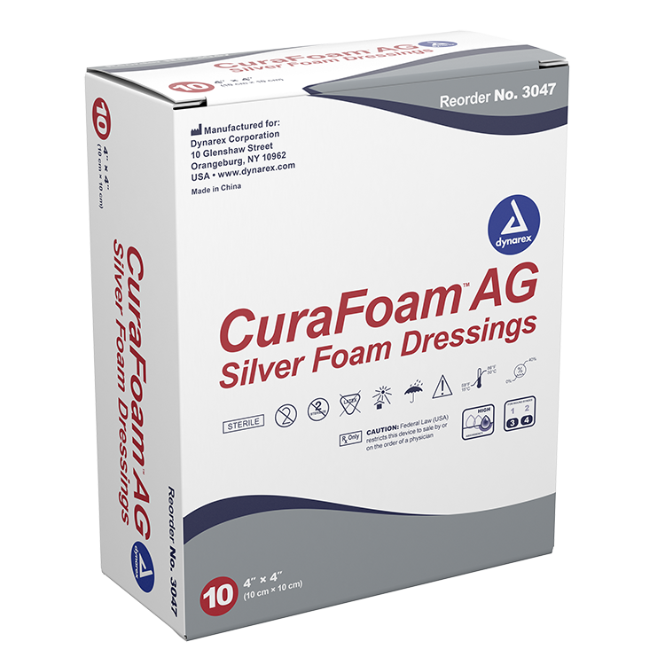 Dynarex CuraFoam AG - Silver Foam Dressing, 4" x 4" 10ea/bx, 10bxs/cs (100 Count) Dynarex CuraFoam AG - Silver Foam Dressing, 4" x 4" 10ea/bx, 10bxs/cs (100 Count)