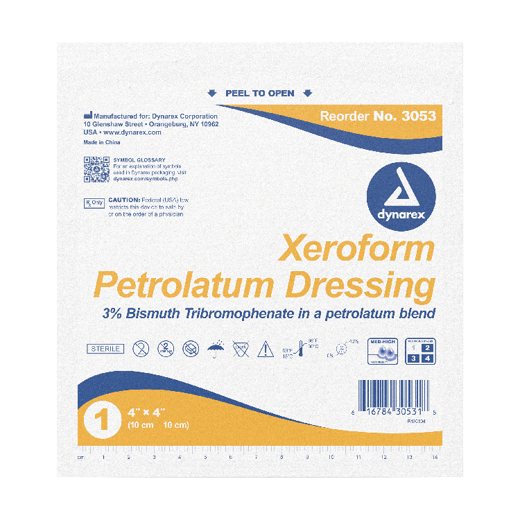 Dynarex Xeroform Gauze Dressing, 4" x 4", 25ea/bx 4bxs/cs (100 Count) Dynarex Xeroform Gauze Dressing, 4" x 4", 25ea/bx 4bxs/cs (100 Count)