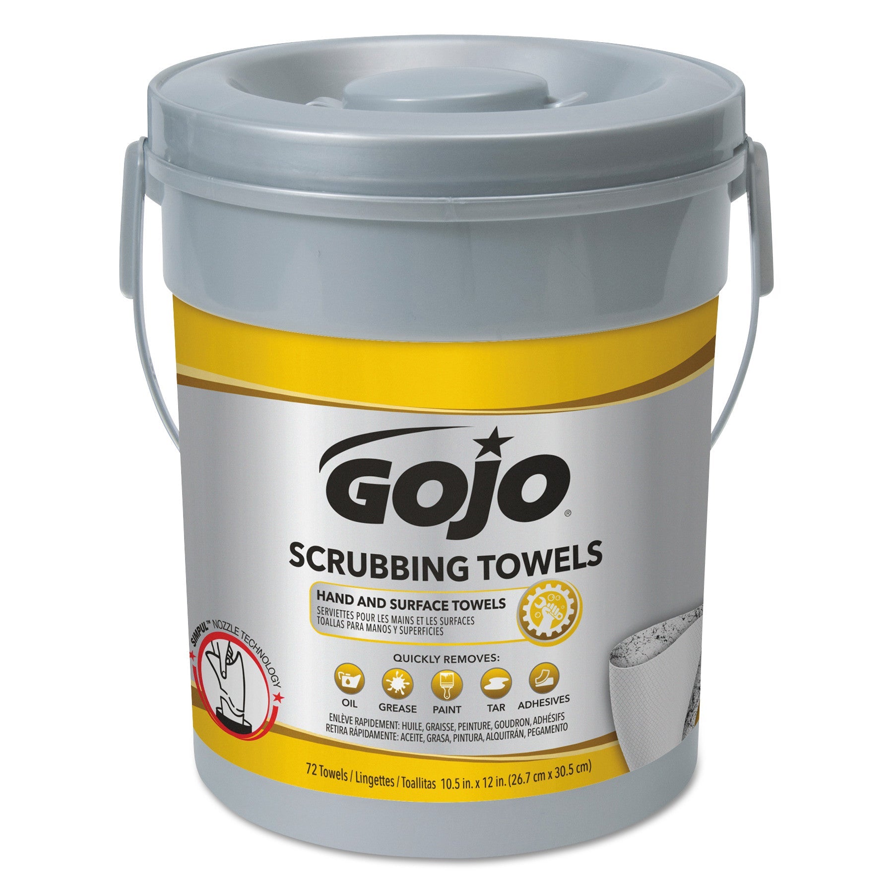 GOJO Scrubbing Towels, Hand Cleaning, 2-Ply, 10.5 x 12, Fresh Citrus, Silver/Yellow, 72/Bucket GOJO Scrubbing Towels, Hand Cleaning, 2-Ply, 10.5 x 12, Fresh Citrus, Silver/Yellow, 72/Bucket