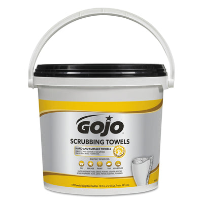 GOJO Scrubbing Towels, Hand Cleaning, Orange Scent, White/Yellow, 170/Bucket, 2 Buckets/Carton GOJO Scrubbing Towels, Hand Cleaning, Orange Scent, White/Yellow, 170/Bucket, 2 Buckets/Carton