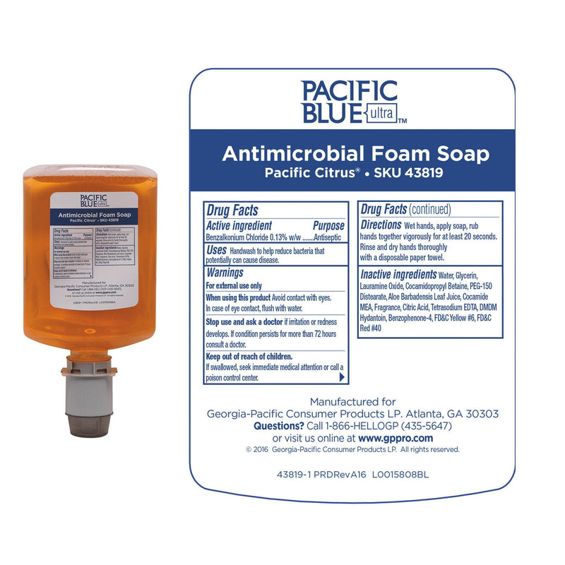 Georgia Pacific Pacific Blue Ultra Foam Soap Manual Dispenser Refill, Antimicrobial, Pacific Citrus, 1,200 mL, 4/Carton Georgia Pacific Pacific Blue Ultra Foam Soap Manual Dispenser Refill, Antimicrobial, Pacific Citrus, 1,200 mL, 4/Carton