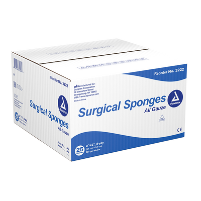 Dynarex Surgical Gauze Sponge, 2" x 2" 8 Ply, 200ea/bx, 25bxs/cs (5000 Count) Dynarex Surgical Gauze Sponge, 2" x 2" 8 Ply, 200ea/bx, 25bxs/cs (5000 Count)