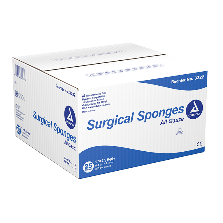 Dynarex Surgical Gauze Sponge, 2" x 2" 8 Ply, 200ea/bx, 25bxs/cs (5000 Count) Dynarex Surgical Gauze Sponge, 2" x 2" 8 Ply, 200ea/bx, 25bxs/cs (5000 Count)