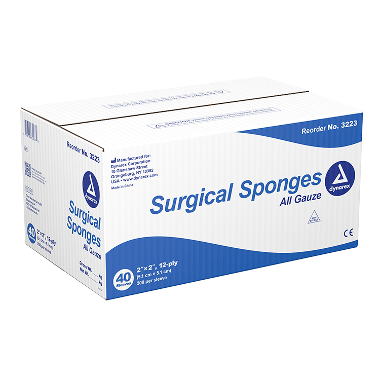 Dynarex Surgical Gauze Sponge, 2" x 2" 12 Ply, 200ea/bx, 40bxs/cs (8000 Count) Dynarex Surgical Gauze Sponge, 2" x 2" 12 Ply, 200ea/bx, 40bxs/cs (8000 Count)