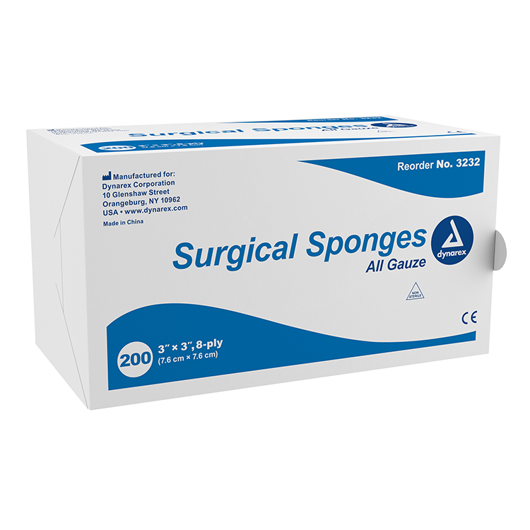 Dynarex Surgical Gauze Sponge, 3" x 3" - 8 Ply 200ea/bx, 20bxs/cs (4000 Count) Dynarex Surgical Gauze Sponge, 3" x 3" - 8 Ply 200ea/bx, 20bxs/cs (4000 Count)