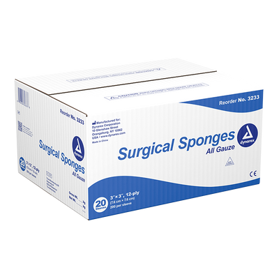 Dynarex Surgical Gauze Sponge, 3" x 3" 12 Ply 200ea/bx, 20bxs/cs (4000 Count) Dynarex Surgical Gauze Sponge, 3" x 3" 12 Ply 200ea/bx, 20bxs/cs (4000 Count)