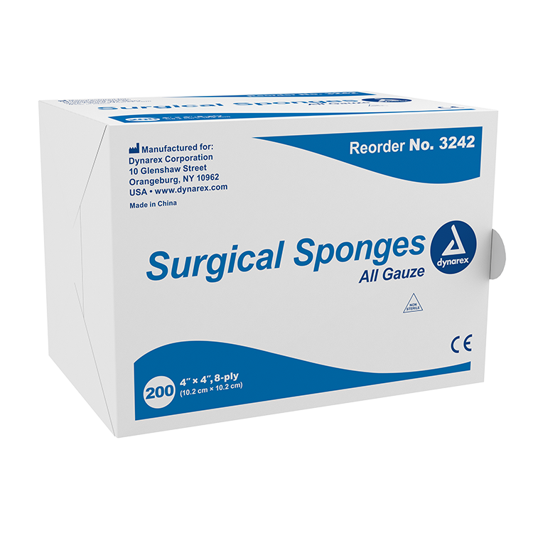 Dynarex Surgical Gauze Sponge, 4" x 4" 8 Ply, 200ea/bx, 20bxs/cs (4000 Count) Dynarex Surgical Gauze Sponge, 4" x 4" 8 Ply, 200ea/bx, 20bxs/cs (4000 Count)