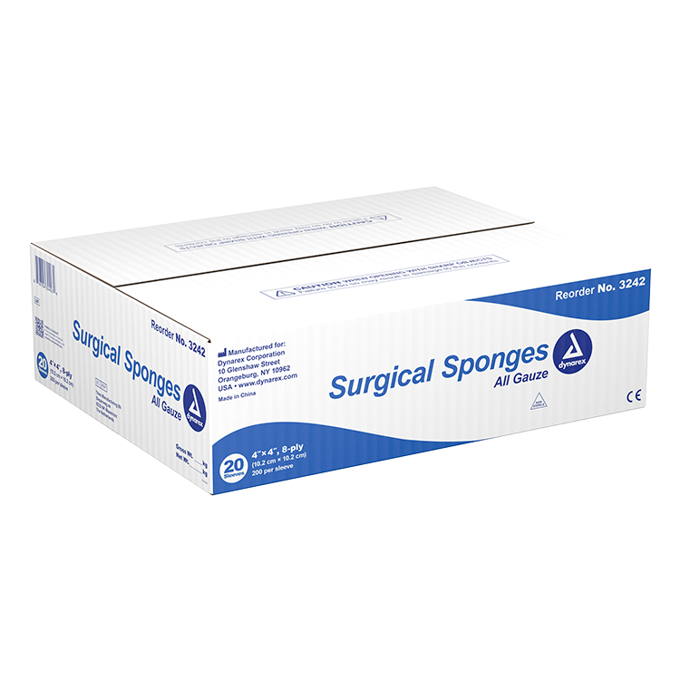 Dynarex Surgical Gauze Sponge, 4" x 4" 8 Ply, 200ea/bx, 20bxs/cs (4000 Count) Dynarex Surgical Gauze Sponge, 4" x 4" 8 Ply, 200ea/bx, 20bxs/cs (4000 Count)