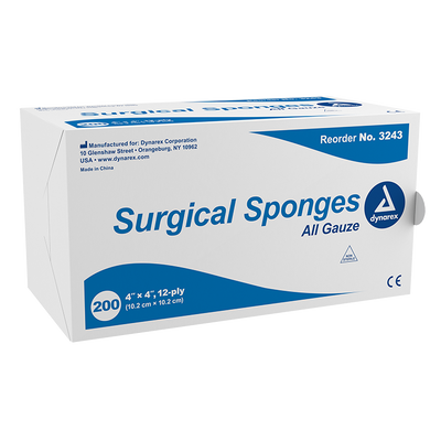 Dynarex Surgical Gauze Sponge, 4" x 4" - 200ea/bx 10bxs/cs (2000 Count) Dynarex Surgical Gauze Sponge, 4" x 4" - 200ea/bx 10bxs/cs (2000 Count)