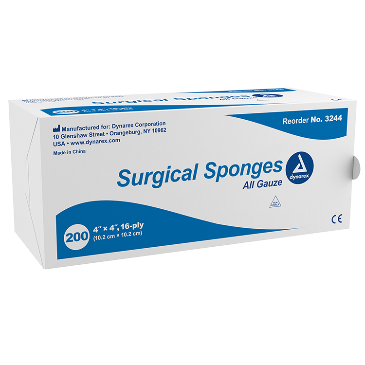 Dynarex Surgical Gauze Sponge, 4" x 4" - 200ea/bx 10bxs/cs (2000 Count) Dynarex Surgical Gauze Sponge, 4" x 4" - 200ea/bx 10bxs/cs (2000 Count)