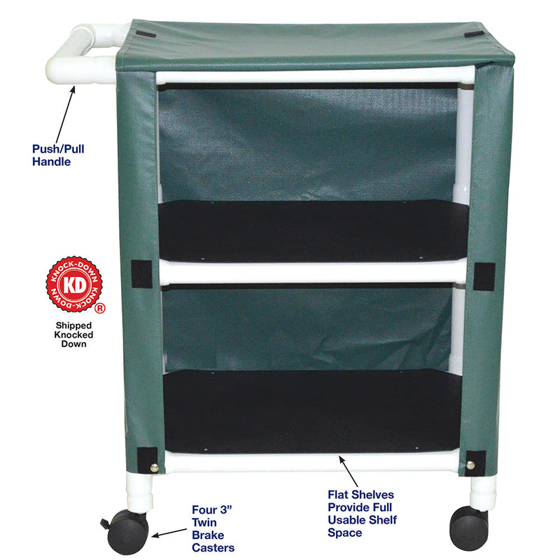 MJM International 325-2C 2-shelf mini-linen cart with mesh or solid vinyl cover, shelf size: 20" x 25", 75 lbs per shelf MJM International 325-2C 2-shelf mini-linen cart with mesh or solid vinyl cover, shelf size: 20" x 25", 75 lbs per shelf