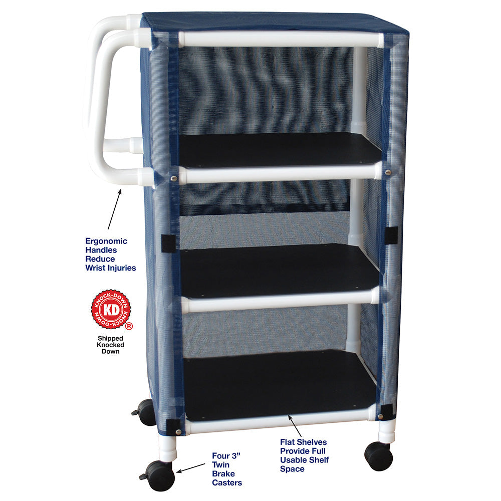 MJM International 325-3C 3-shelf mini-linen cart with mesh or solid vinyl cover, shelf size: 20" x 25", 75 lbs per shelf MJM International 325-3C 3-shelf mini-linen cart with mesh or solid vinyl cover, shelf size: 20" x 25", 75 lbs per shelf