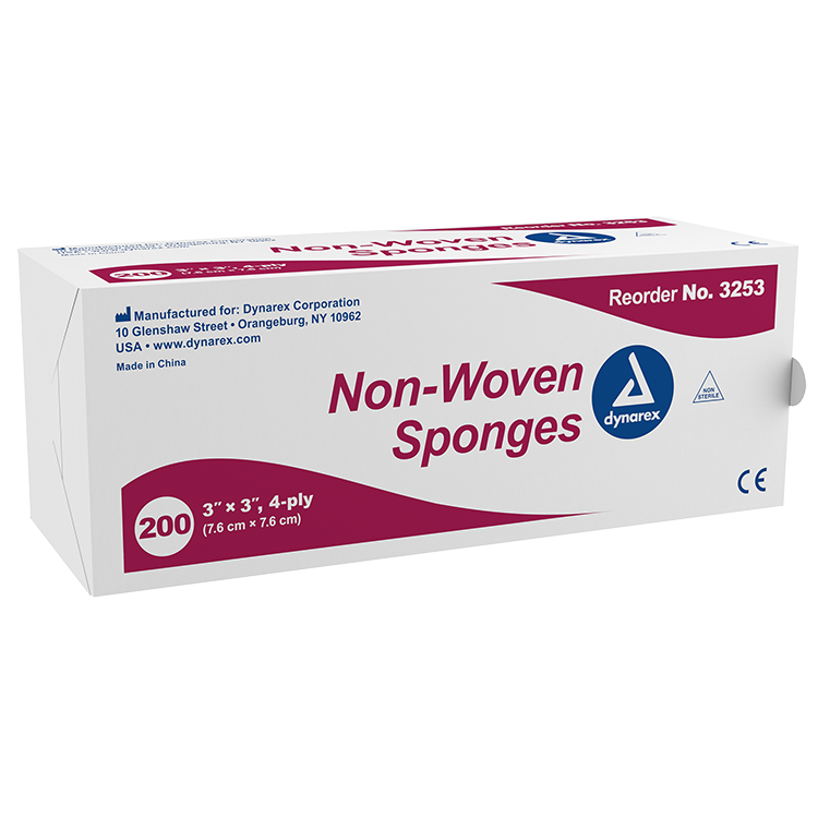 Dynarex Non-Woven Sponge, 3" x 3" 4 Ply 200ea/bx, 20bxs/cs (4000 Count) Dynarex Non-Woven Sponge, 3" x 3" 4 Ply 200ea/bx, 20bxs/cs (4000 Count)