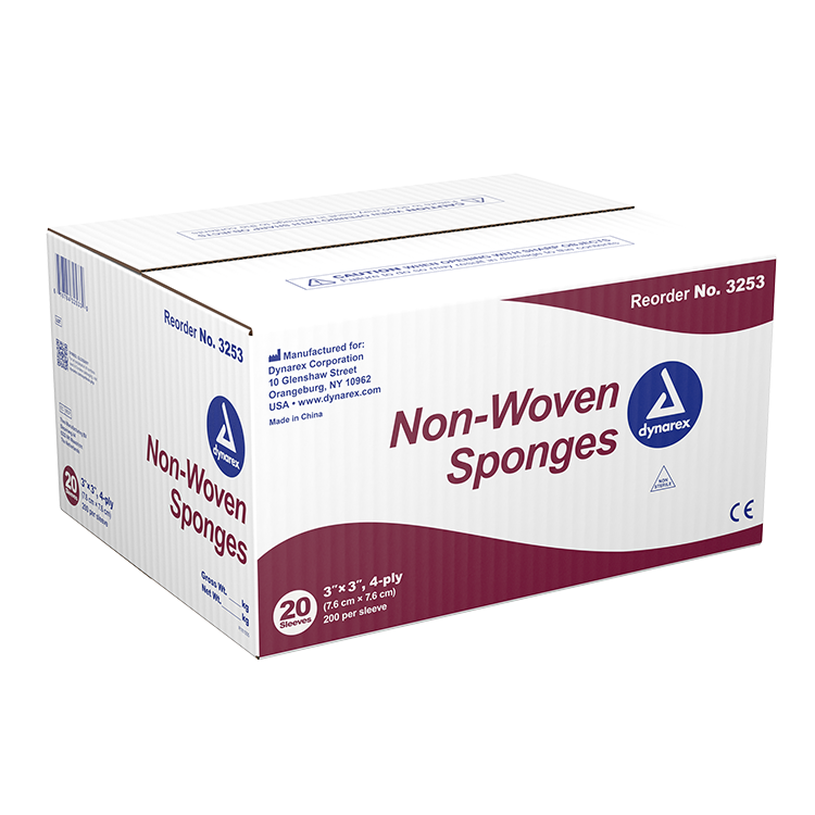 Dynarex Non-Woven Sponge, 3" x 3" 4 Ply 200ea/bx, 20bxs/cs (4000 Count) Dynarex Non-Woven Sponge, 3" x 3" 4 Ply 200ea/bx, 20bxs/cs (4000 Count)