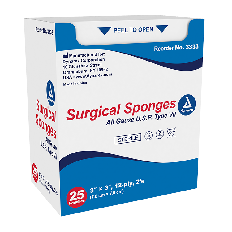 Dynarex Surgical Gauze Sponge - Sterile 2's, 3" x 3" 12 Ply - 25ea/bx, 48bxs/cs (1200 Count) Dynarex Surgical Gauze Sponge - Sterile 2's, 3" x 3" 12 Ply - 25ea/bx, 48bxs/cs (1200 Count)