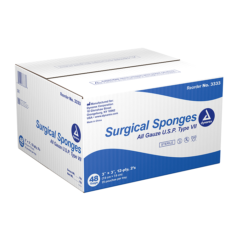 Dynarex Surgical Gauze Sponge - Sterile 2's, 3" x 3" 12 Ply - 25ea/bx, 48bxs/cs (1200 Count) Dynarex Surgical Gauze Sponge - Sterile 2's, 3" x 3" 12 Ply - 25ea/bx, 48bxs/cs (1200 Count)