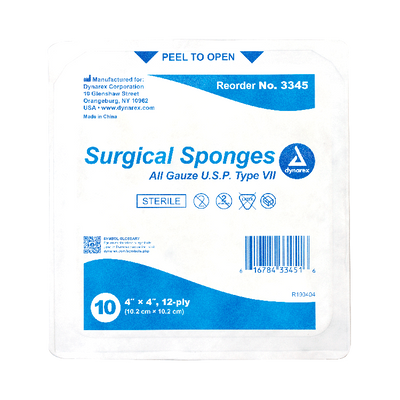 Dynarex Surgical Gauze Sponge - Sterile 10's, 4" x 4" 12 Ply, 10ea/bx, 128bxs/cs (1280 Count) Dynarex Surgical Gauze Sponge - Sterile 10's, 4" x 4" 12 Ply, 10ea/bx, 128bxs/cs (1280 Count)