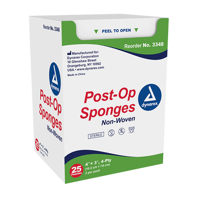 Dynarex Post-op Sponge - Sterile 2's, 4 Ply - 25ea/bx, 24bxs/cs (600 Count) Dynarex Post-op Sponge - Sterile 2's, 4 Ply - 25ea/bx, 24bxs/cs (600 Count)