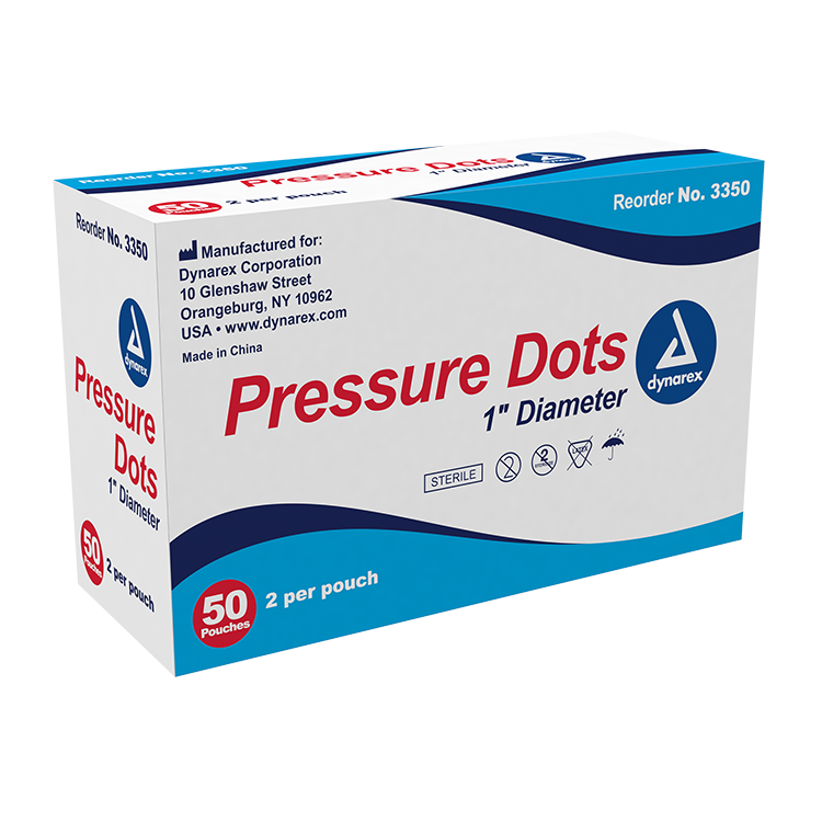 Dynarex Pressure Dot, 2.5 cm, 2ea/pouch, 50pouches/bx, 10bxs/cs (1000 Count) Dynarex Pressure Dot, 2.5 cm, 2ea/pouch, 50pouches/bx, 10bxs/cs (1000 Count)