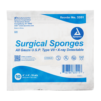 Dynarex X-Ray Detectable Surgical Gauze Sponge - Sterile, 4" x 4", 10ea/bx, 128bxs/cs (1280 Count) Dynarex X-Ray Detectable Surgical Gauze Sponge - Sterile, 4" x 4", 10ea/bx, 128bxs/cs (1280 Count)
