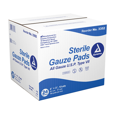 Dynarex Gauze Pad - Sterile 1's, 2" x 2" 12 Ply, 100ea/bx, 24bxs/cs (2400 Count) Dynarex Gauze Pad - Sterile 1's, 2" x 2" 12 Ply, 100ea/bx, 24bxs/cs (2400 Count)