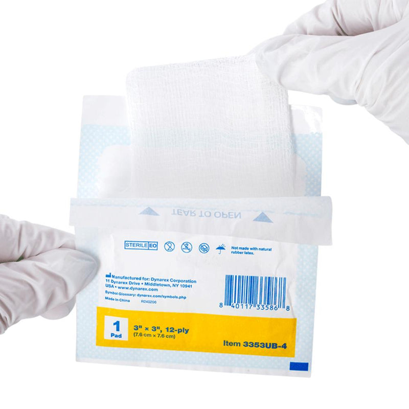 Dynarex Gauze Pad - Sterile 1's, 3" x 3" 12 Ply, 4ea/bx, 100bxs/cs (400 Count) Dynarex Gauze Pad - Sterile 1's, 3" x 3" 12 Ply, 4ea/bx, 100bxs/cs (400 Count)