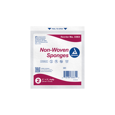 Dynarex Non-Woven Sponge - Sterile 2's, 3" x 3" 4 Ply - 50ea/bx, 24bxs/cs (1200 Count) Dynarex Non-Woven Sponge - Sterile 2's, 3" x 3" 4 Ply - 50ea/bx, 24bxs/cs (1200 Count)
