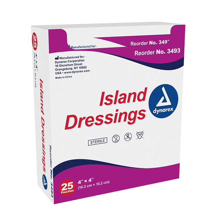 Dynarex Island Dressing Sterile, 4" x 4" - 25ea/bx, 6bxs/cs (150 Count) Dynarex Island Dressing Sterile, 4" x 4" - 25ea/bx, 6bxs/cs (150 Count)