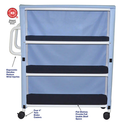 MJM International 350-3C 3-shelf jumbo linen cart with mesh or solid vinyl cover, 4" twin casters, shelf size: 20" x 50", 150 lbs per shelf MJM International 350-3C 3-shelf jumbo linen cart with mesh or solid vinyl cover, 4" twin casters, shelf size: 20" x 50", 150 lbs per shelf
