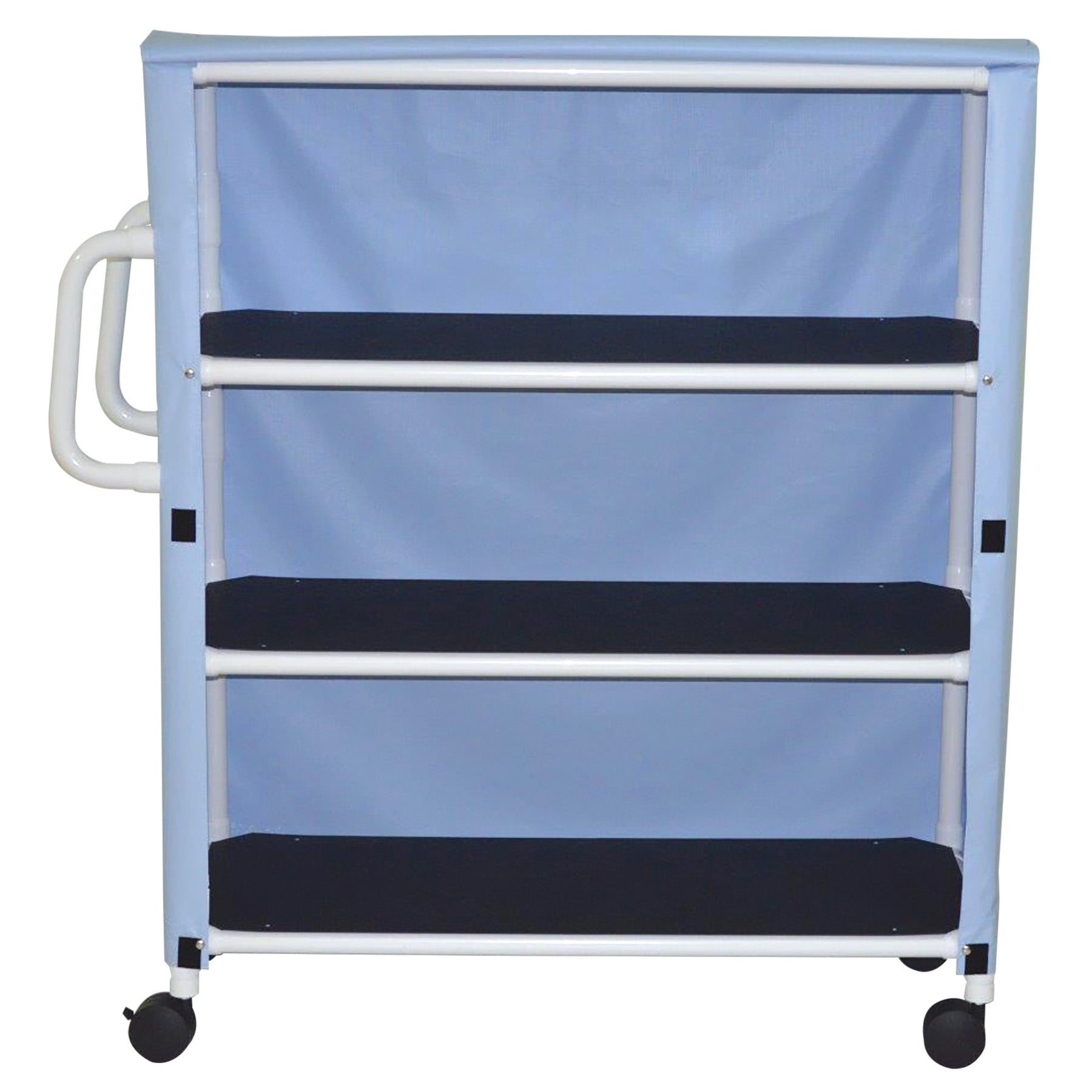 MJM International 350-3C 3-shelf jumbo linen cart with mesh or solid vinyl cover, 4" twin casters, shelf size: 20" x 50", 150 lbs per shelf MJM International 350-3C 3-shelf jumbo linen cart with mesh or solid vinyl cover, 4" twin casters, shelf size: 20" x 50", 150 lbs per shelf