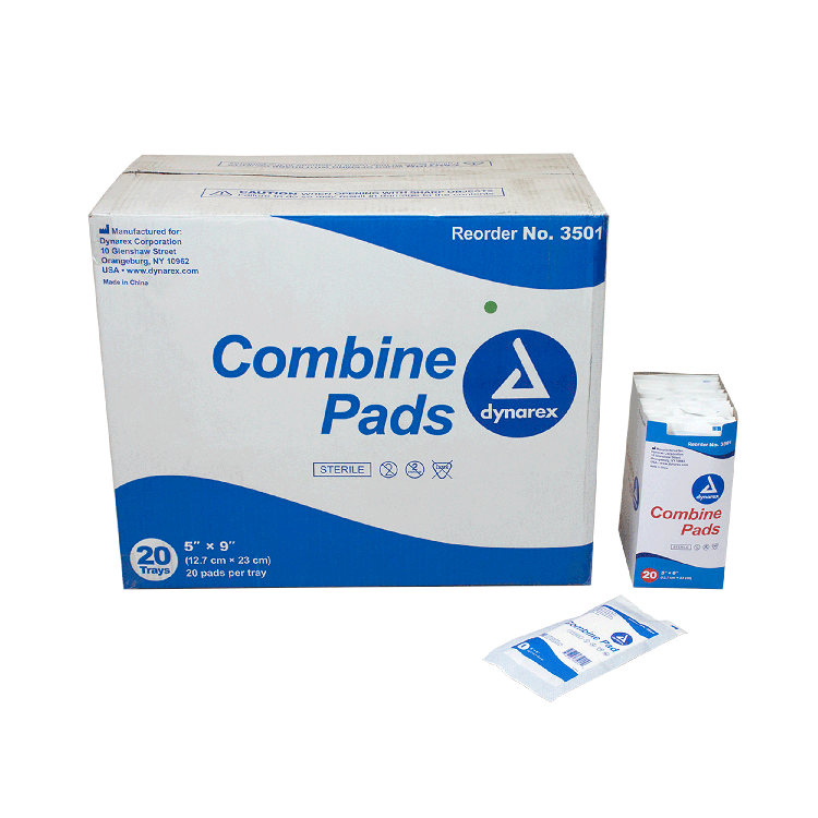 Dynarex Combine Pads 1/pouch - Sterile, 5" x 9" - 20ea/bx, 20bxs/cs (400 Count) Dynarex Combine Pads 1/pouch - Sterile, 5" x 9" - 20ea/bx, 20bxs/cs (400 Count)