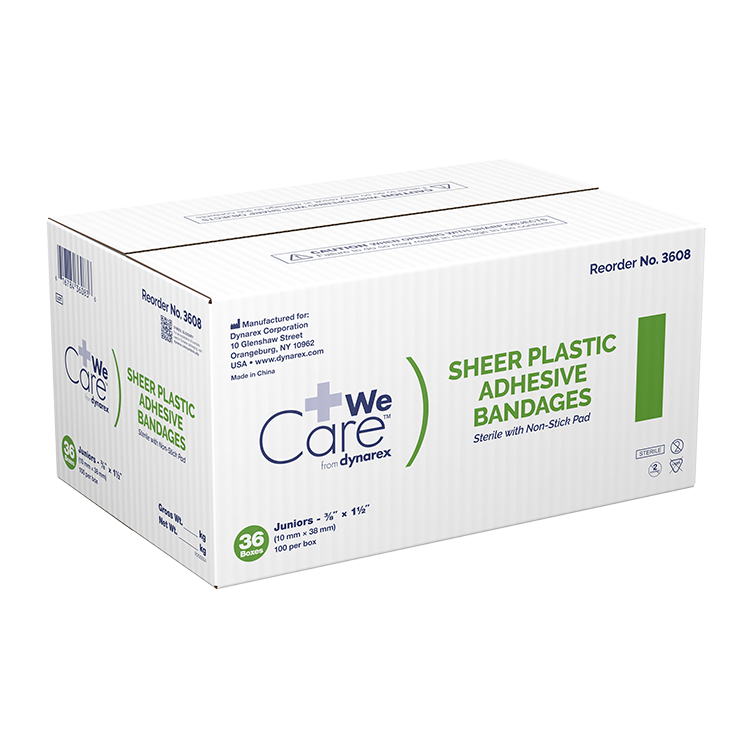 Dynarex Sheer Plastic Adhesive Bandages - Sterile, 3/8" x 1.5" - 100ea/bx, 36bxs/cs (3600) Dynarex Sheer Plastic Adhesive Bandages - Sterile, 3/8" x 1.5" - 100ea/bx, 36bxs/cs (3600)