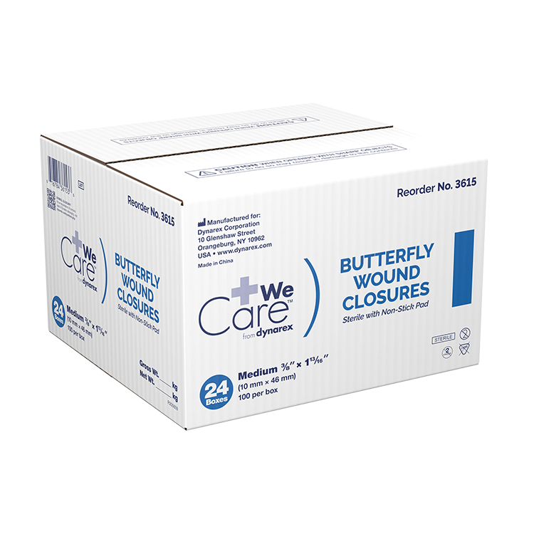Dynarex Butterfly Wound Closure, Sterile - 100ea/bx, 24bxs/cs (2400 Count) Dynarex Butterfly Wound Closure, Sterile - 100ea/bx, 24bxs/cs (2400 Count)