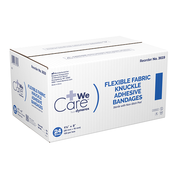 Dynarex Adhesive Fabric Bandages Knuckle - Sterile, 1 1/2" x 3" - 100ea/bx, 24bxs/cs (2400 Count) Dynarex Adhesive Fabric Bandages Knuckle - Sterile, 1 1/2" x 3" - 100ea/bx, 24bxs/cs (2400 Count)