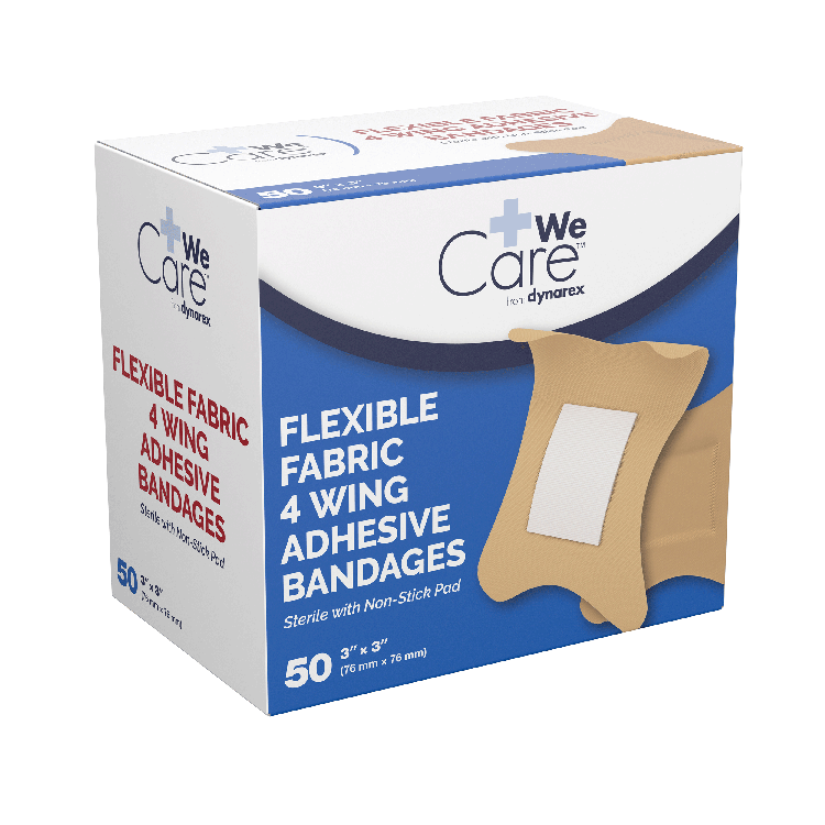 Dynarex Adhesive Fabric Bandages Four Wing Sterile, 3" x 3" - 24ea/bx, 50bxs/cs (1200 Count) Dynarex Adhesive Fabric Bandages Four Wing Sterile, 3" x 3" - 24ea/bx, 50bxs/cs (1200 Count)