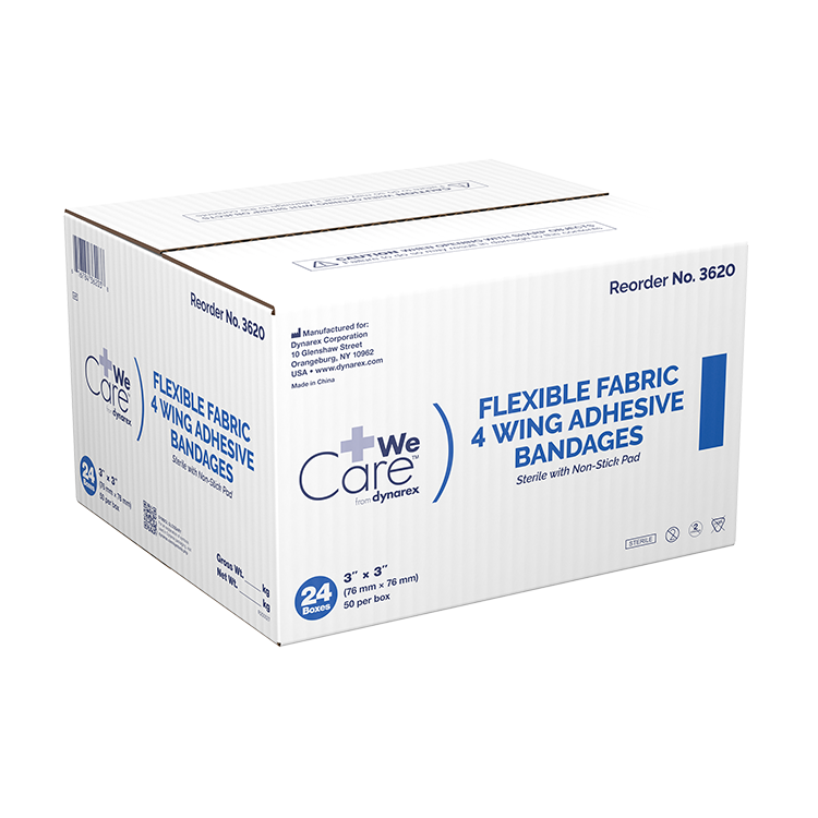 Dynarex Adhesive Fabric Bandages Four Wing Sterile, 3" x 3" - 24ea/bx, 50bxs/cs (1200 Count) Dynarex Adhesive Fabric Bandages Four Wing Sterile, 3" x 3" - 24ea/bx, 50bxs/cs (1200 Count)