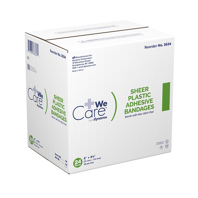 Dynarex Sheer Plastic Adhesive Bandages - Sterile, 2" x 4 1/2" - 50ea/bx, 24bxs/cs (1200 Count) Dynarex Sheer Plastic Adhesive Bandages - Sterile, 2" x 4 1/2" - 50ea/bx, 24bxs/cs (1200 Count)