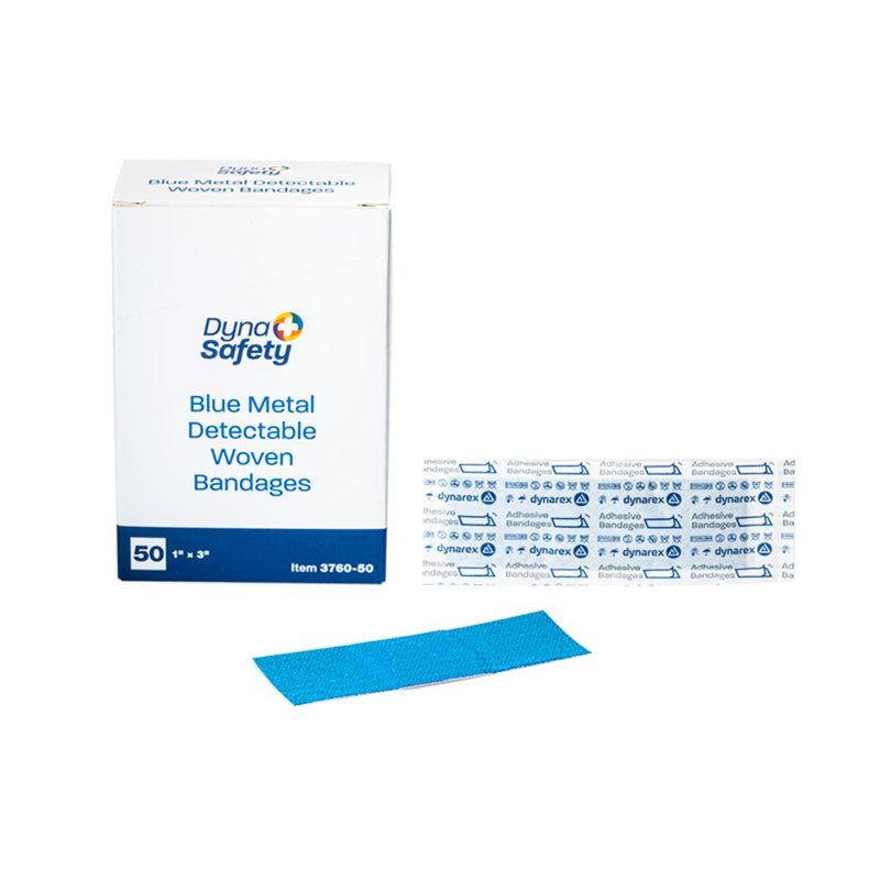 Dynarex Blue Metal Detectable Woven Bandage, 1" x 3" - 50ea/bx, 24bxs/cs (1200 Count) Dynarex Blue Metal Detectable Woven Bandage, 1" x 3" - 50ea/bx, 24bxs/cs (1200 Count)