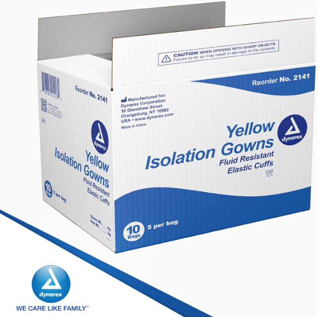 Dynarex Isolation Gown Fluid Resistant, Universal, Yellow - 5ea/bx, 10bxs/case (50 Count) Dynarex Isolation Gown Fluid Resistant, Universal, Yellow - 5ea/bx, 10bxs/case (50 Count)