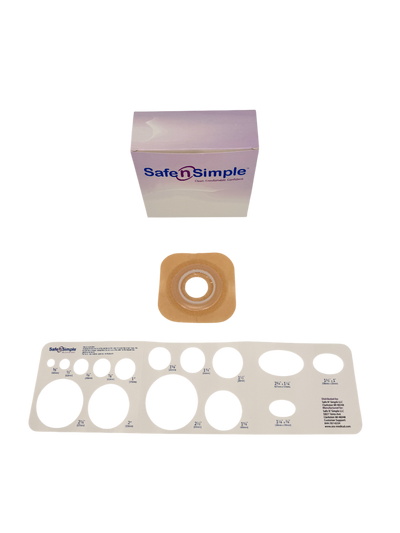 Safe N Simple 2-Piece Wafer Standard Wear with Tape Collar Beige 45mm 1 3/4" Flange with Pre Cut Stoma Opening (80 Count) Safe N Simple 2-Piece Wafer Standard Wear with Tape Collar Beige 45mm 1 3/4" Flange with Pre Cut Stoma Opening (80 Count)
