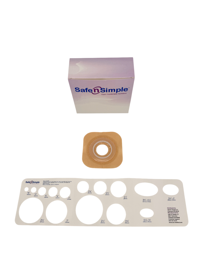 Safe N Simple 2-Piece Wafer Standard Wear with Tape Collar Beige 45mm 1 3/4" Flange with Pre Cut Stoma Opening (80 Count) Safe N Simple 2-Piece Wafer Standard Wear with Tape Collar Beige 45mm 1 3/4" Flange with Pre Cut Stoma Opening (80 Count)