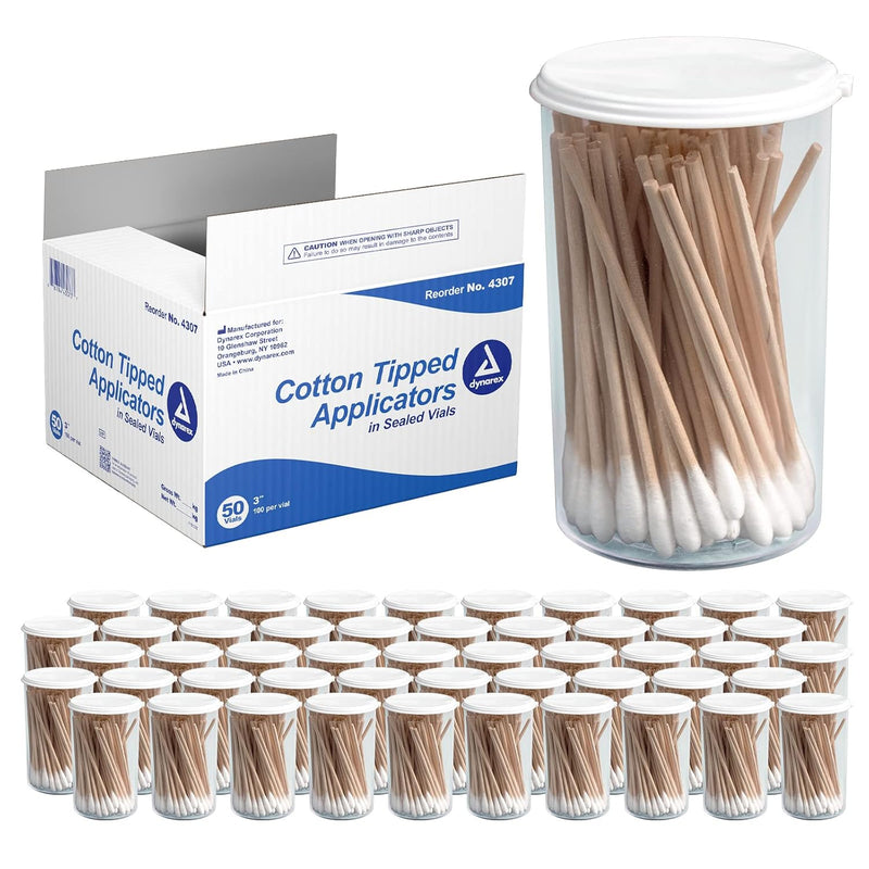 Dynarex Cotton Tip Applicators in Sealed Vial - 3" Length, 100ea/vial, 50vials/cs (5000 Count) Dynarex Cotton Tip Applicators in Sealed Vial - 3" Length, 100ea/vial, 50vials/cs (5000 Count)