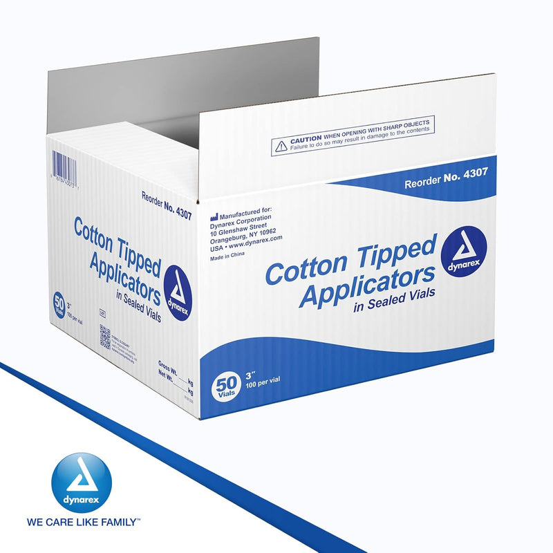 Dynarex Cotton Tip Applicators in Sealed Vial - 3" Length, 100ea/vial, 50vials/cs (5000 Count) Dynarex Cotton Tip Applicators in Sealed Vial - 3" Length, 100ea/vial, 50vials/cs (5000 Count)