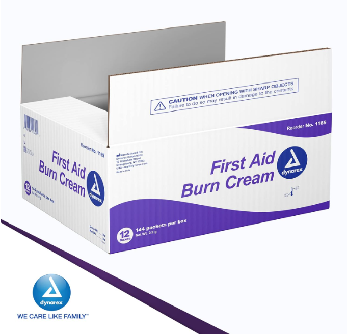 Dynarex First Aid Burn Cream, 0.9 g Foil Packet, 144/bx, 12bxs/case (1728 Count) Dynarex First Aid Burn Cream, 0.9 g Foil Packet, 144/bx, 12bxs/case (1728 Count)