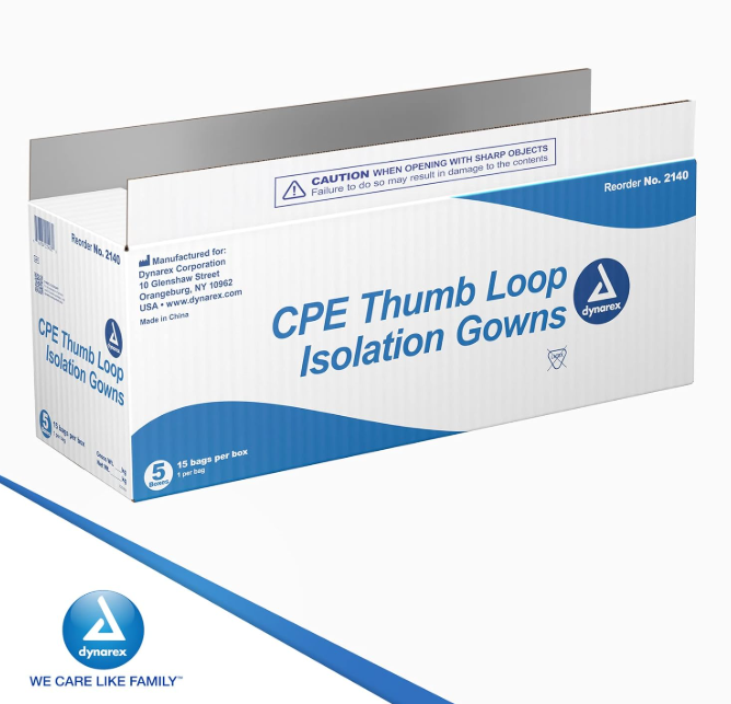 Dynarex CPE Thumb Loop Isolation Gown, Blue - 15ea/bx, 5bxs/case (75 Count) Dynarex CPE Thumb Loop Isolation Gown, Blue - 15ea/bx, 5bxs/case (75 Count)