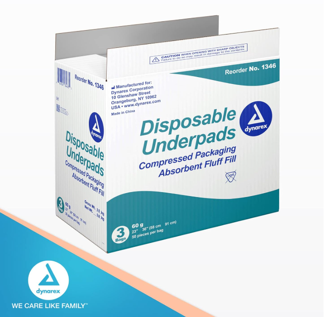 Dynarex Disposable Underpads, 23" x 36" (60g), 50ea/bag, 3bags/case (150 Count) Dynarex Disposable Underpads, 23" x 36" (60g), 50ea/bag, 3bags/case (150 Count)